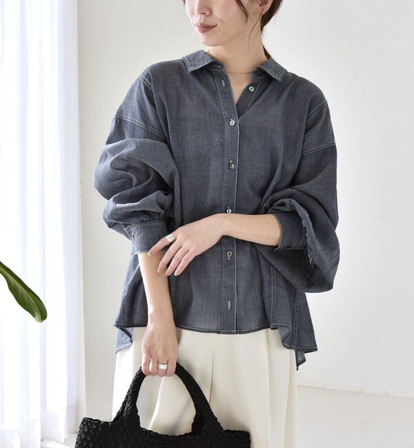 quaranciel「《予約》quaranciel:〈洗濯機可能〉シアー デニム ギャザー レギュラー シャツ」|シャツ・ブラウス|