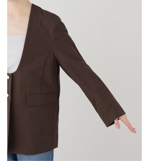 IENA「《一部カラー店舗限定》コットンサブレUネックジャケット」|ノーカラージャケット|