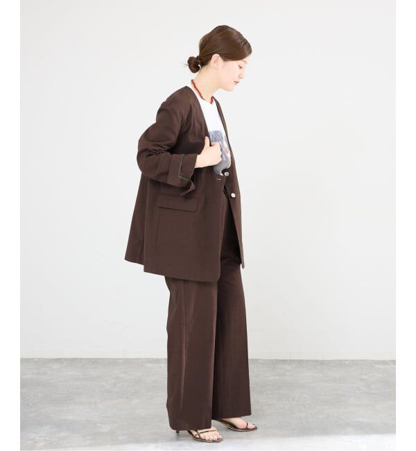 IENA「《一部カラー店舗限定》コットンサブレUネックジャケット」|ノーカラージャケット|