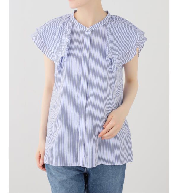  「【洗える】ラッフルスリーブシャツ」|シャツ・ブラウス|ブルー