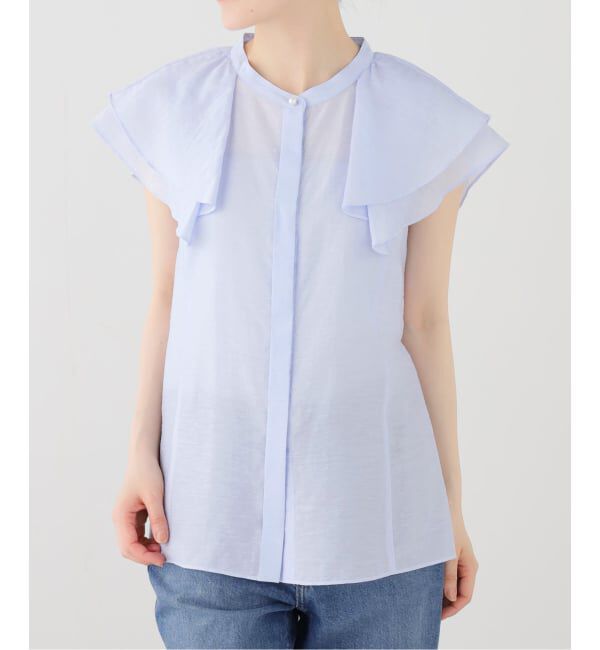  「【洗える】ラッフルスリーブシャツ」|シャツ・ブラウス|サックスブルー
