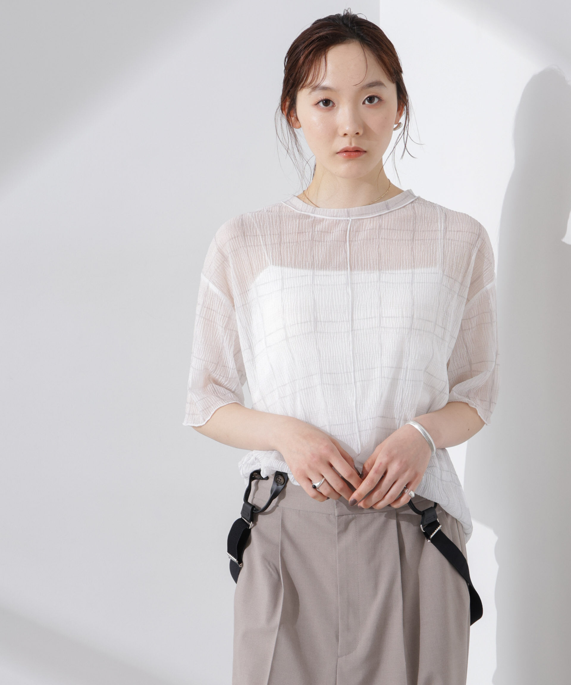 nano･universe「楊柳チェックシアーカットTシャツ」|Tシャツ・カットソー|