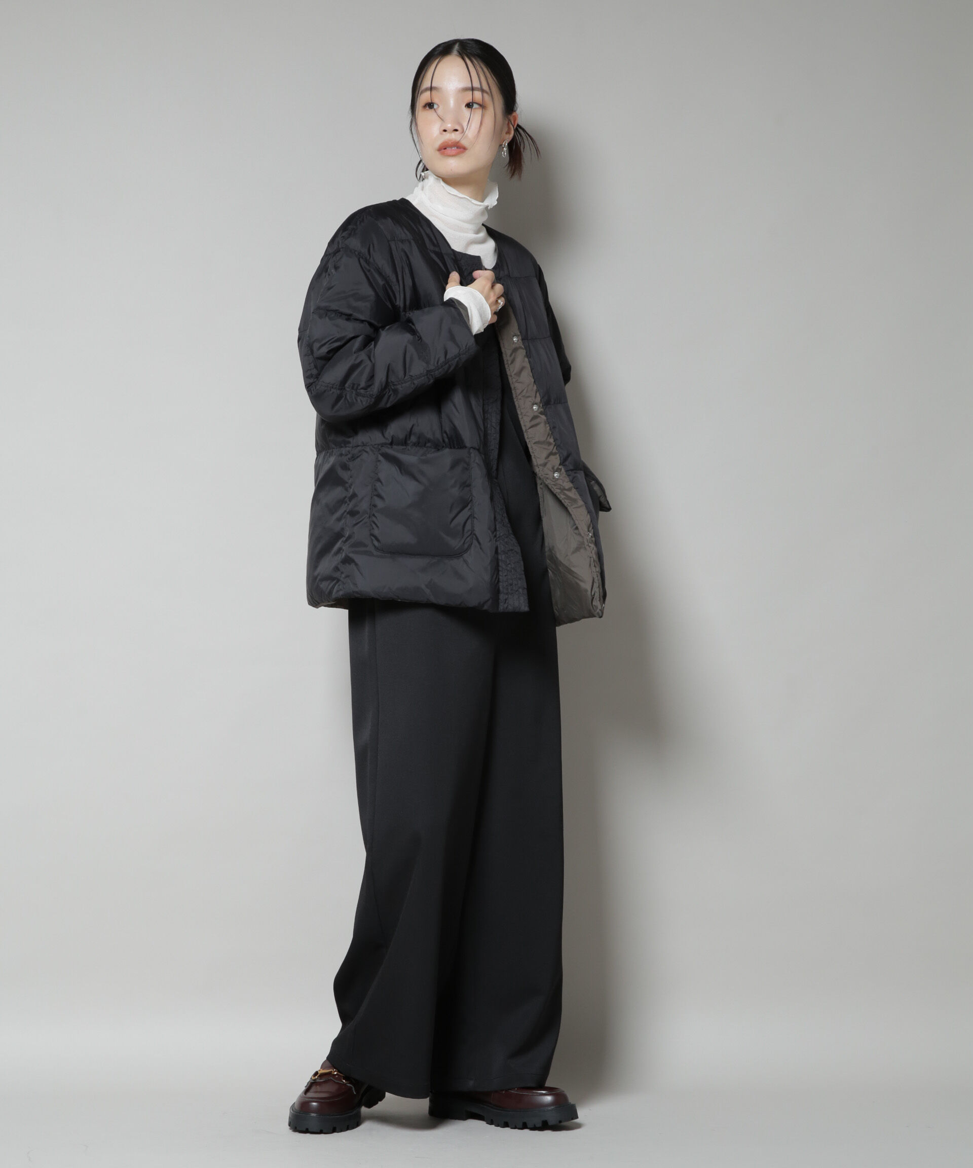 nano･universe「撥水加工ライトダウン リバーシブルノーカラージャケット」|ダウン|