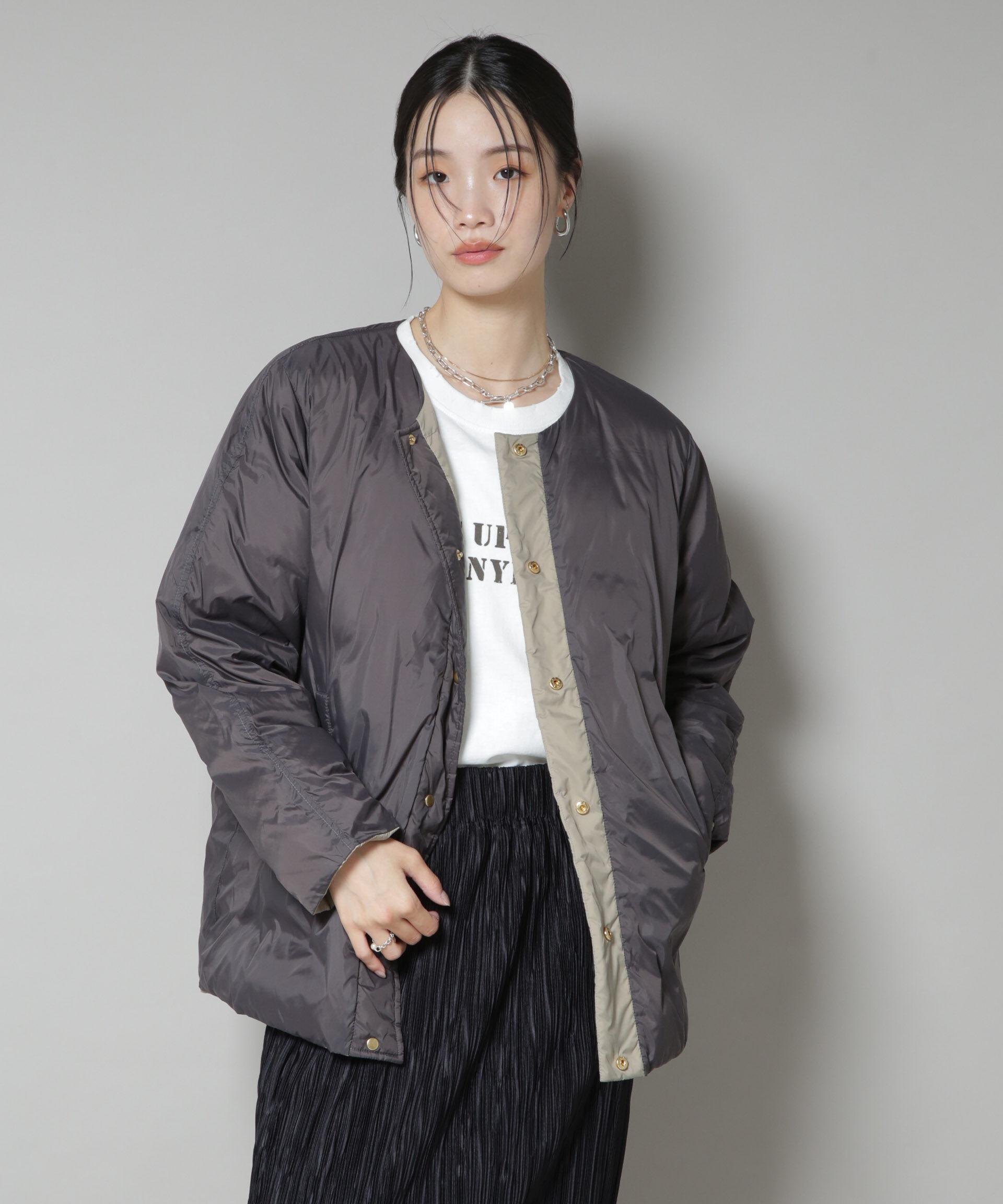 nano･universe「撥水加工ライトダウン リバーシブルノーカラージャケット」|ダウン|