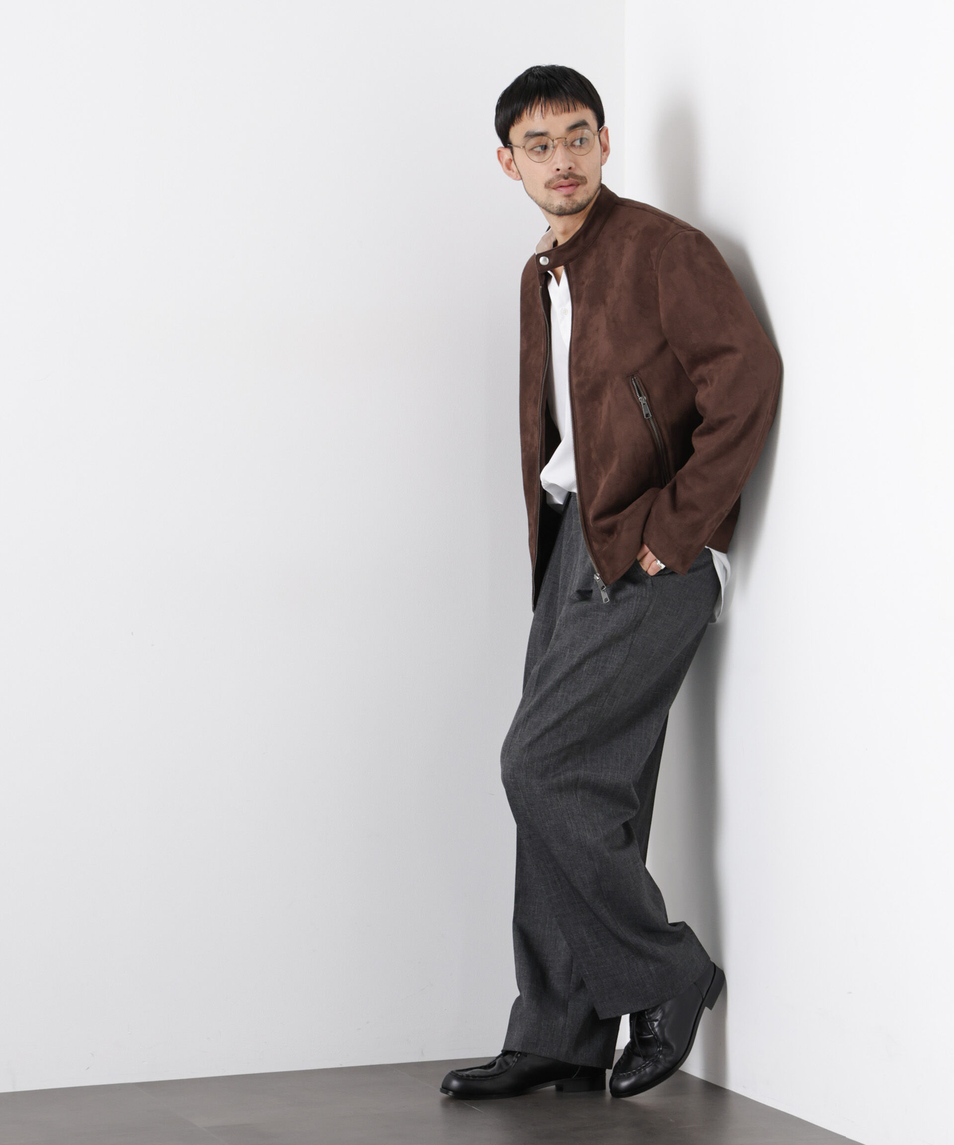 nano･universe「フェイクスエードバンドカラーライダースジャケット」|ブルゾン・スタジャン|