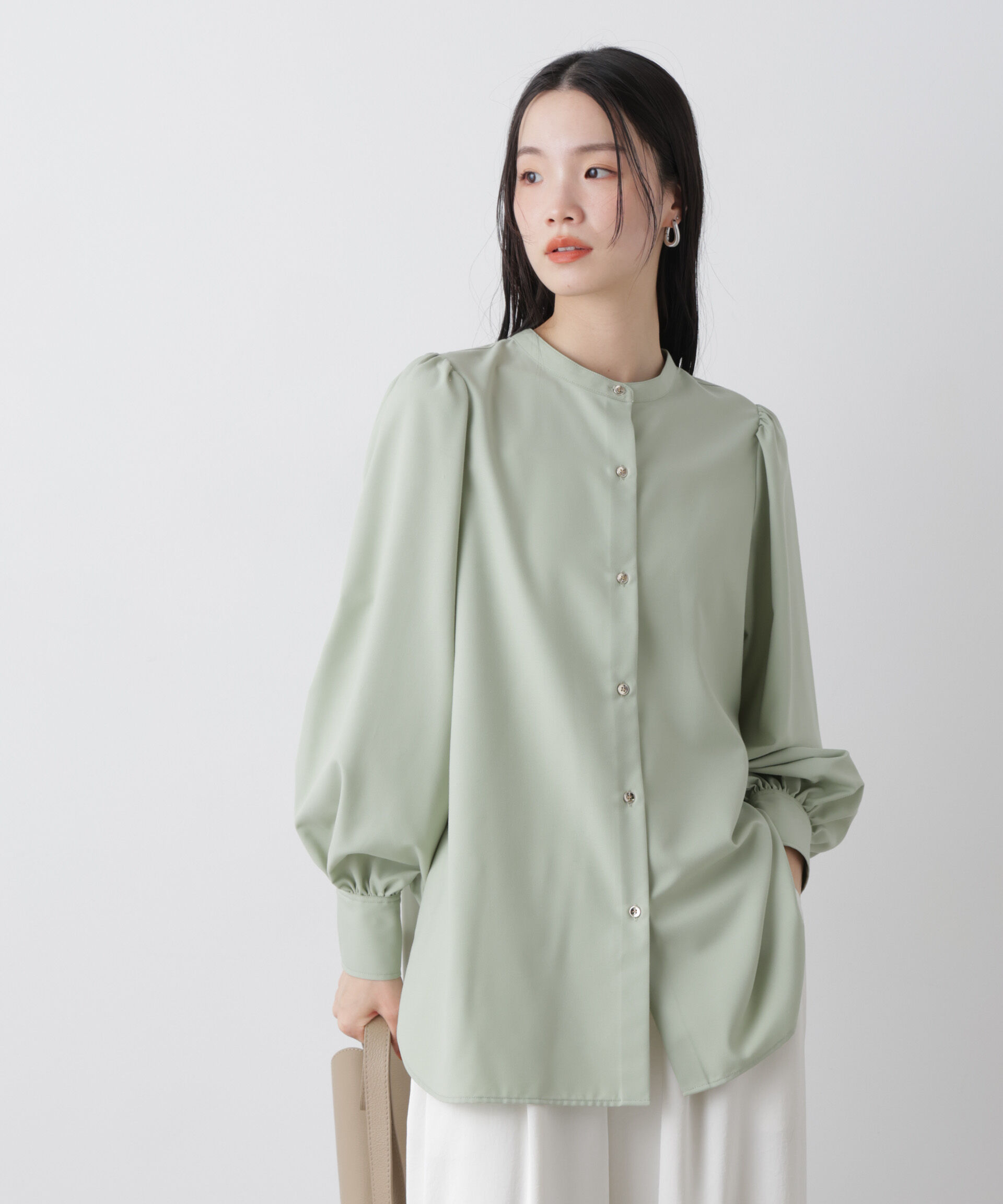 nano･universe「マシンウォッシャブルイージーケア ギャザースリーブブラウス」|シャツ・ブラウス|L.グリーン