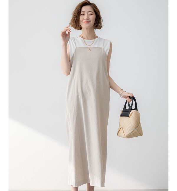 23区「【洗える】リネンレーヨンストレッチ  Iライン キャミソール ワンピース」|ワンピース|ベージュ系