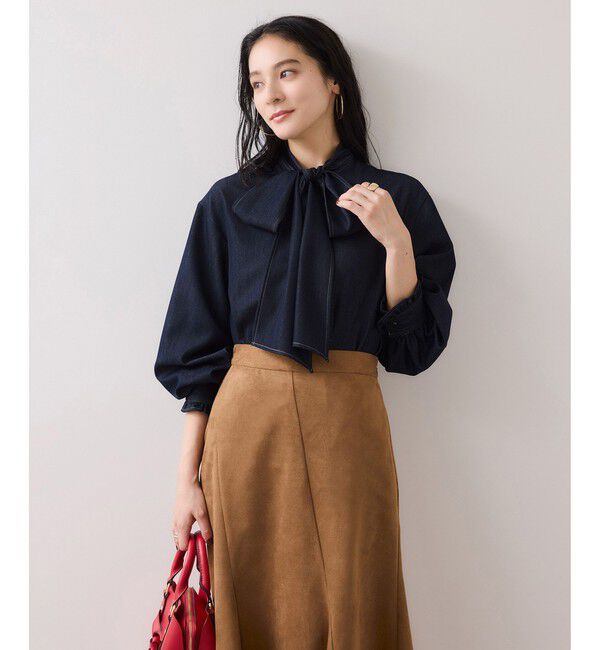 VIS「チェック＆デニムアソートボウタイリボン付きスタンドカラーシャツ」|シャツ・ブラウス|