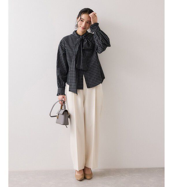 VIS「チェック＆デニムアソートボウタイリボン付きスタンドカラーシャツ」|シャツ・ブラウス|