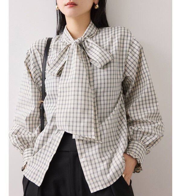 VIS「チェック＆デニムアソートボウタイリボン付きスタンドカラーシャツ」|シャツ・ブラウス|