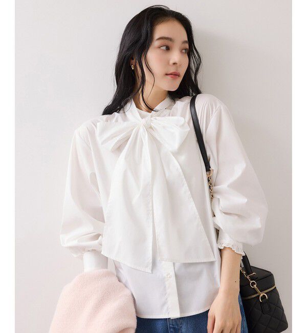 VIS「チェック＆デニムアソートボウタイリボン付きスタンドカラーシャツ」|シャツ・ブラウス|ホワイト(10)