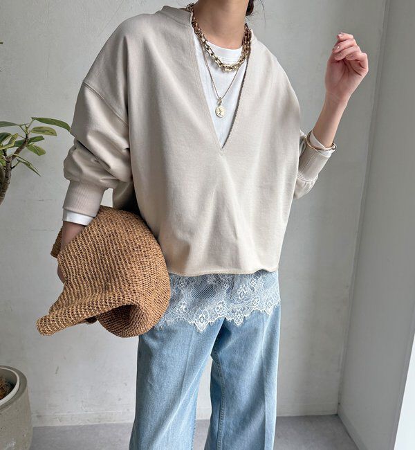  「【WEB限定】Vネック裏毛&times;レースロンTEEセット」|Tシャツ・カットソー|ベージュ