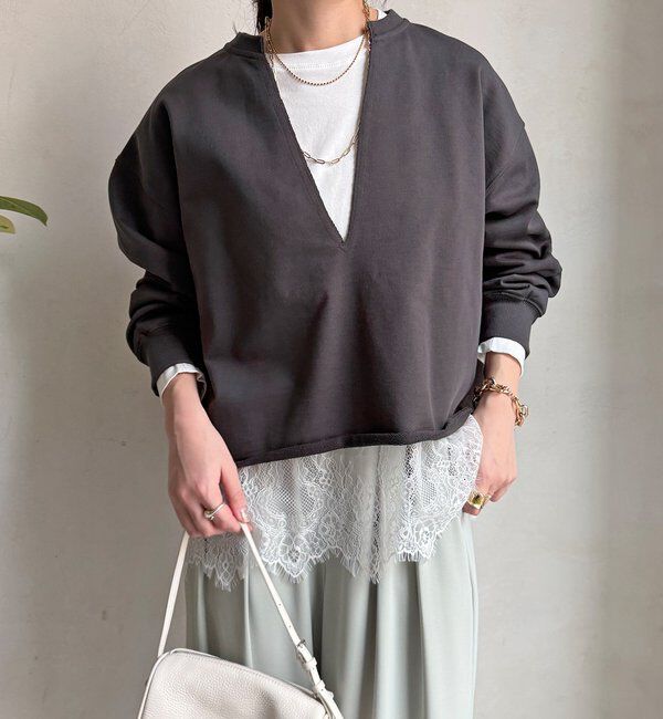  「【WEB限定】Vネック裏毛&times;レースロンTEEセット」|Tシャツ・カットソー|ダークグレー