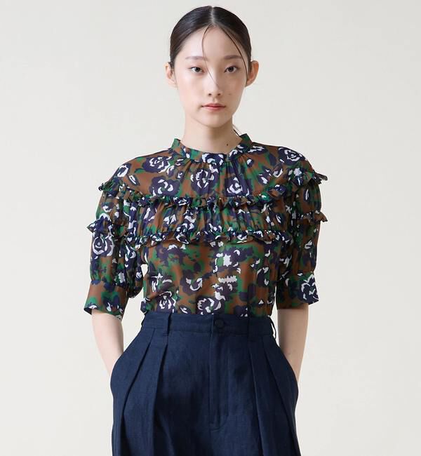 TIARA「オールドローズプリントヨークフリルブラウス」|シャツ・ブラウス|ブラウン