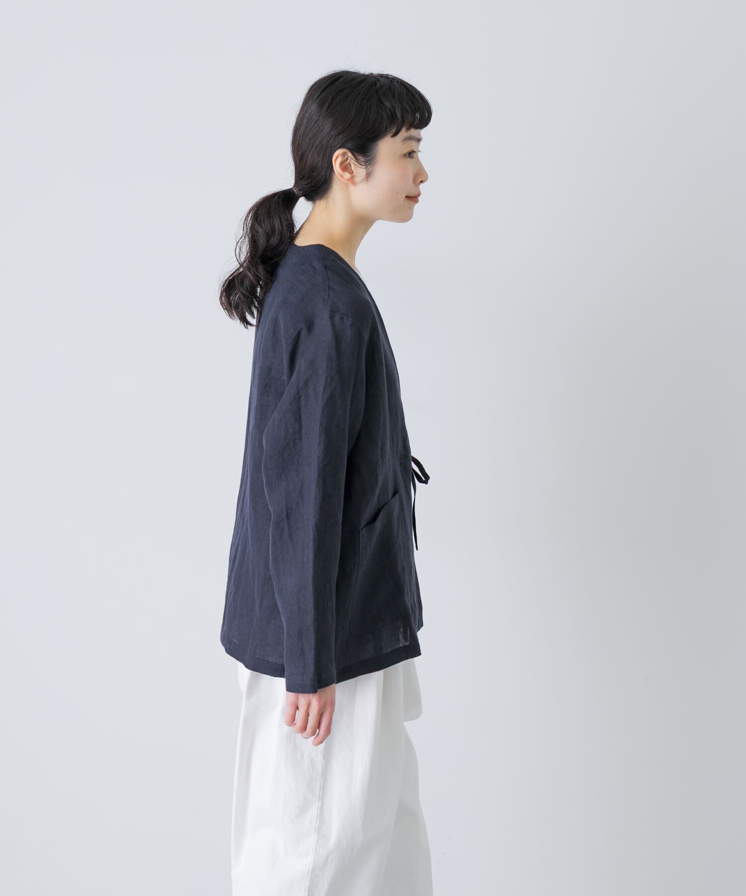 かぐれ「リネンカシュクールカーディガンジャケット」|ノーカラージャケット|