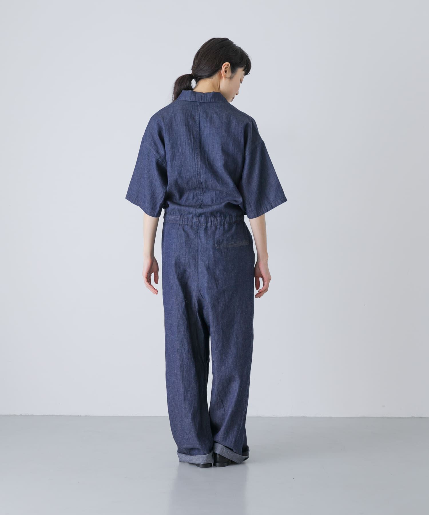かぐれ「綿麻デニムハーフスリーブオールインワン」|オールインワン|