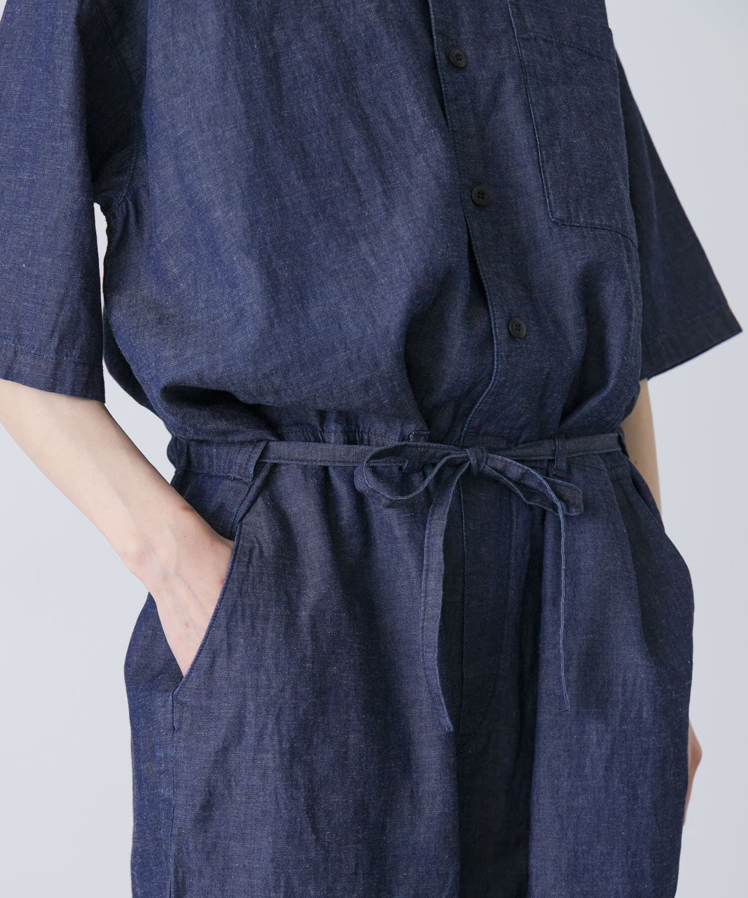 かぐれ「綿麻デニムハーフスリーブオールインワン」|オールインワン|