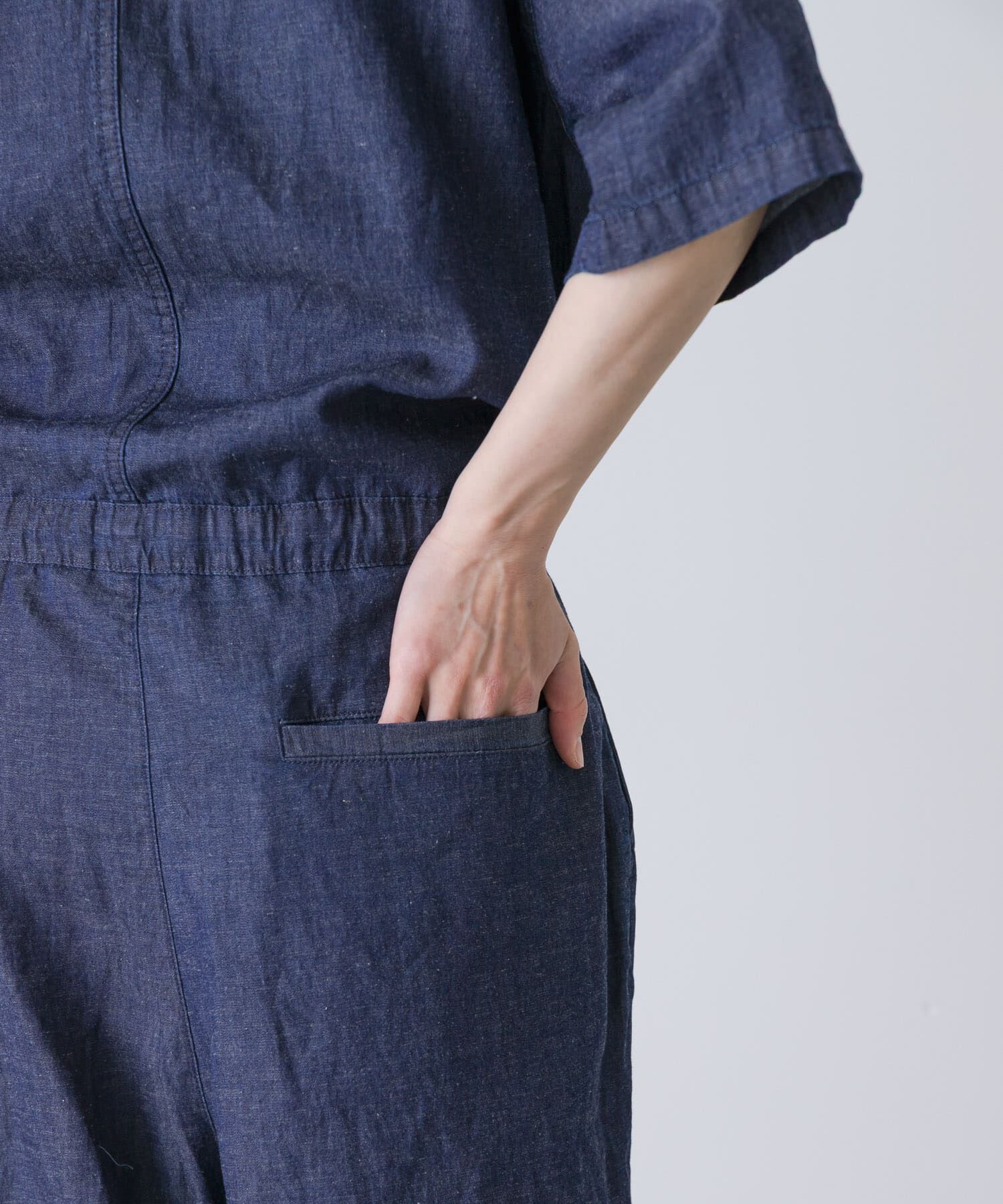 かぐれ「綿麻デニムハーフスリーブオールインワン」|オールインワン|