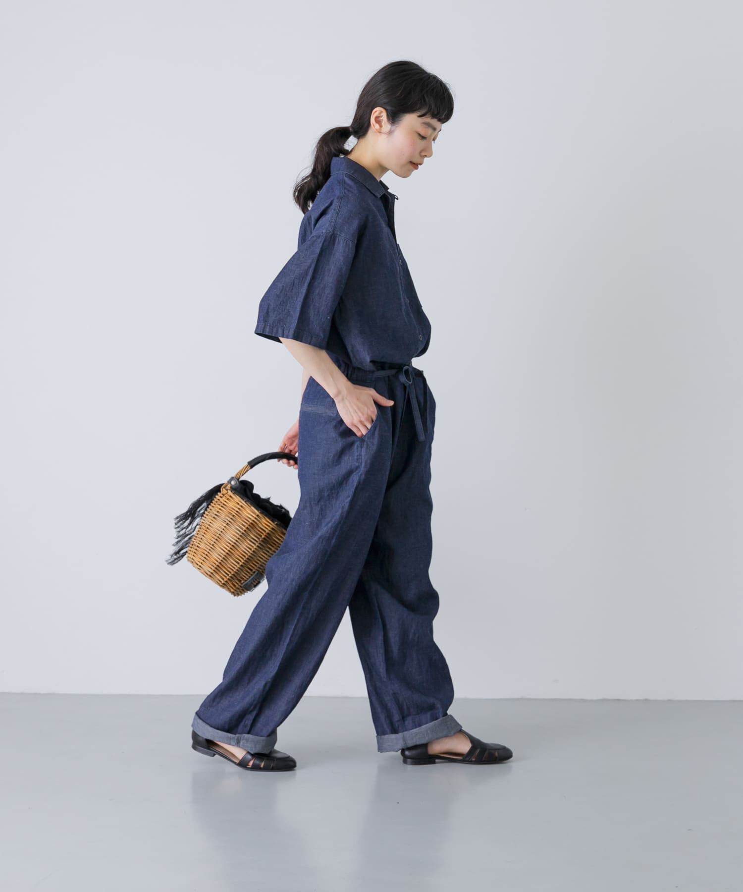 かぐれ「綿麻デニムハーフスリーブオールインワン」|オールインワン|