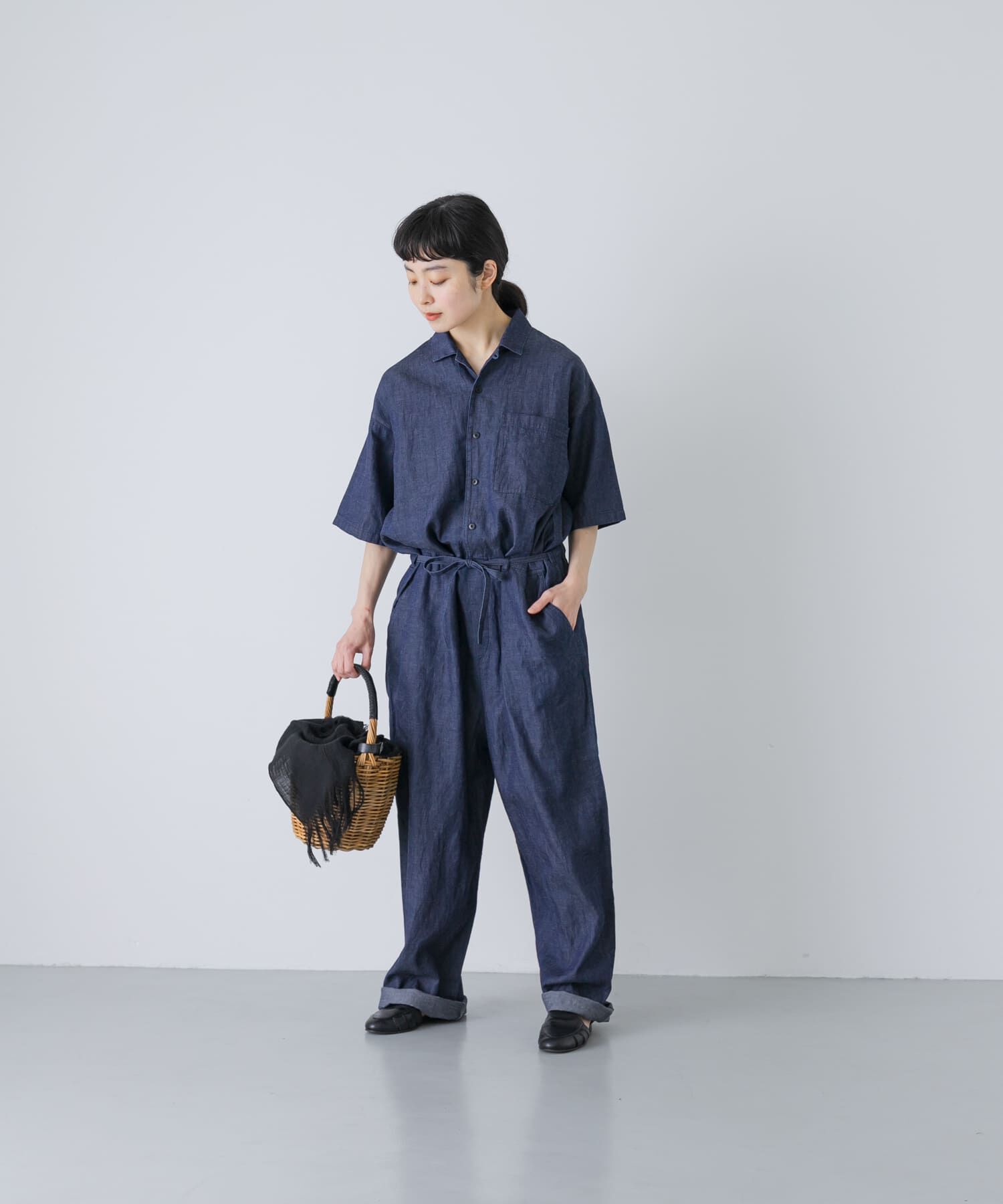 かぐれ「綿麻デニムハーフスリーブオールインワン」|オールインワン|