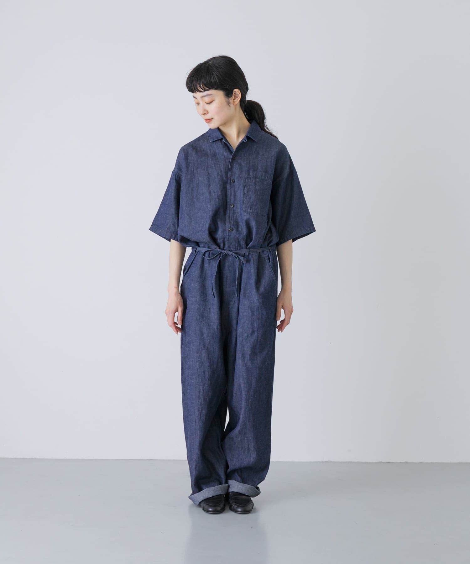 かぐれ「綿麻デニムハーフスリーブオールインワン」|オールインワン|