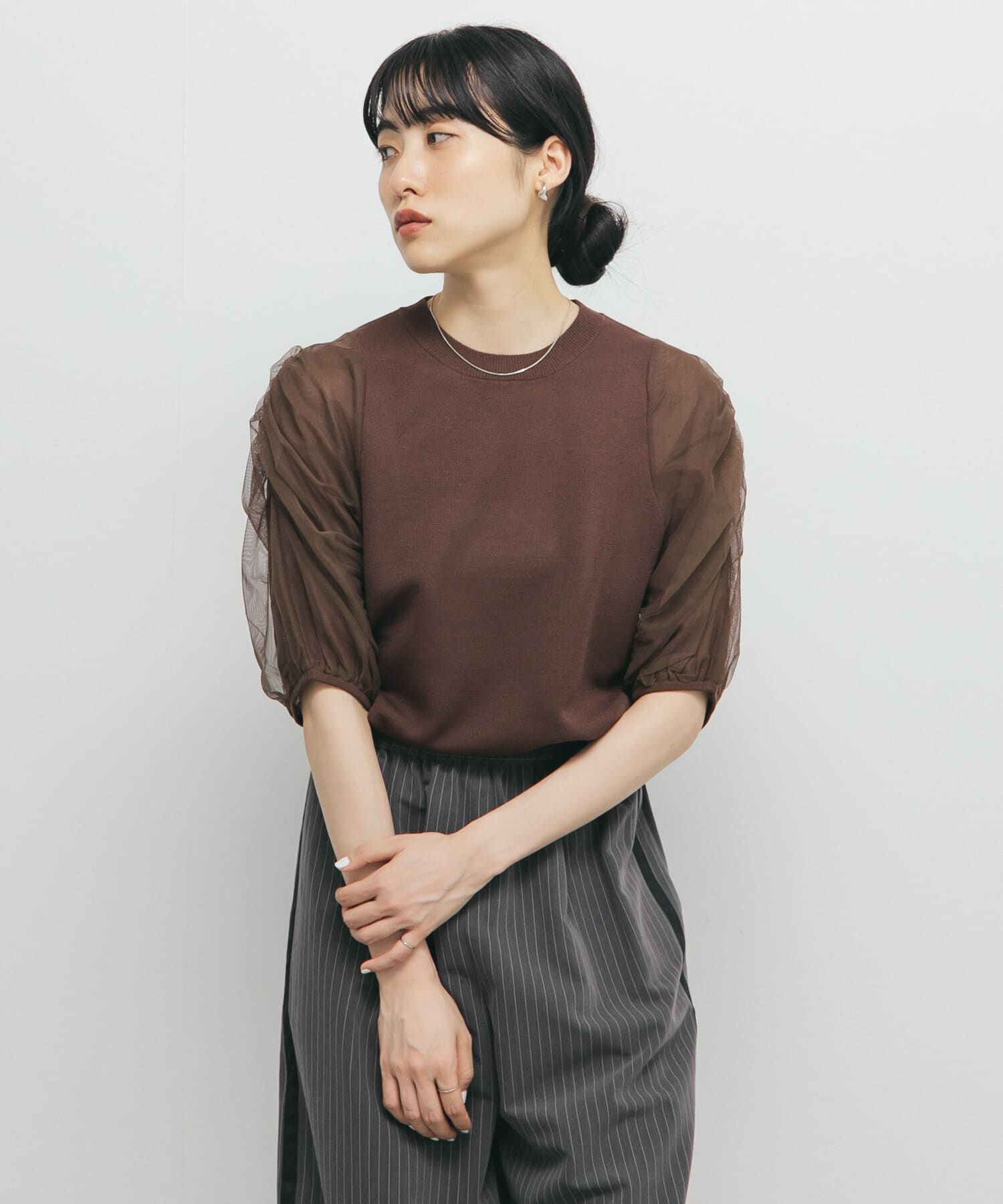 「チュールスリーブニット」|ニット・セーター|ブラウン