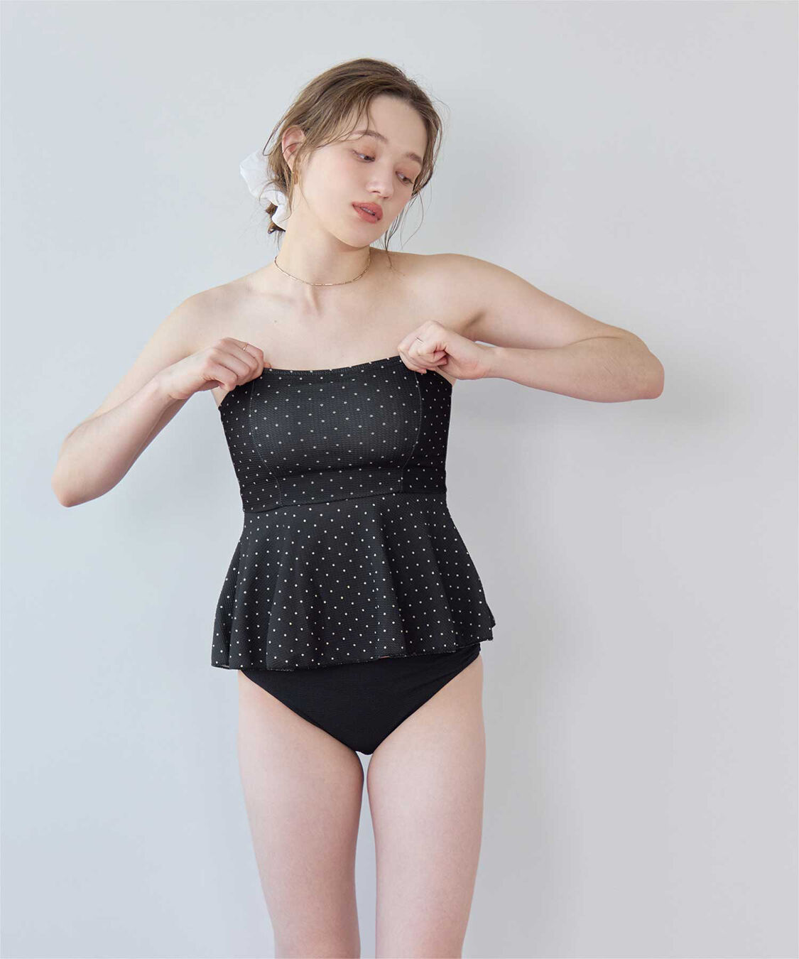 SEA DRESS「ペプラムフレアビスチェビキニ」|ビキニ|ドット/ブラック