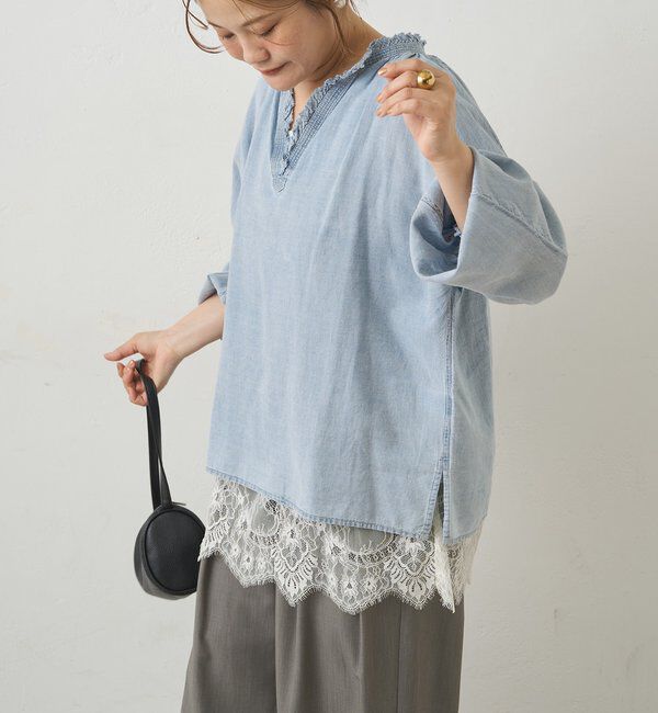  「襟元フリルシアーデニムブラウス」|シャツ・ブラウス|