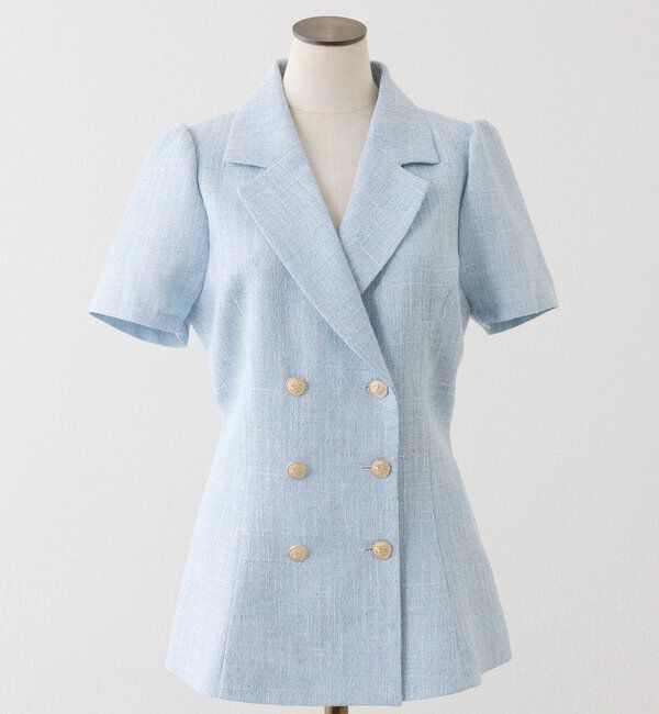  「【セットアップ可能】レースアップ半袖ペプラムジャケット／SMサイズ」|ダウンベスト・ベスト|サックスブルー