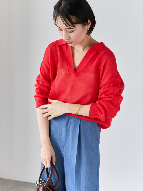 Te chichi「メッシュスキッパーポロニット」|ニット・セーター|レッド