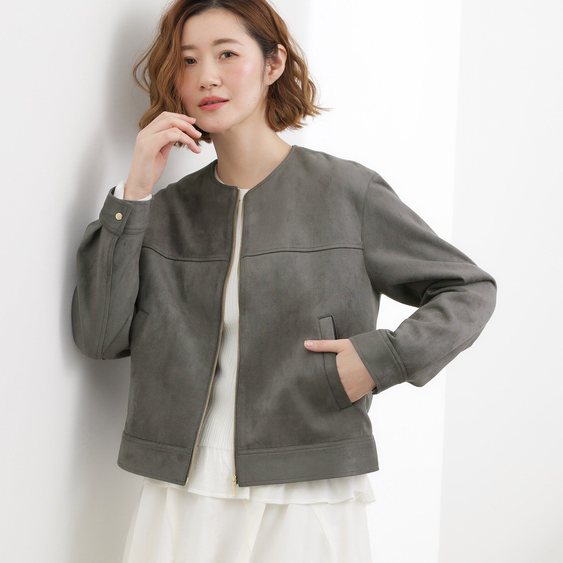grove「スエードライク ノーカラーブルゾン」|ノーカラージャケット|