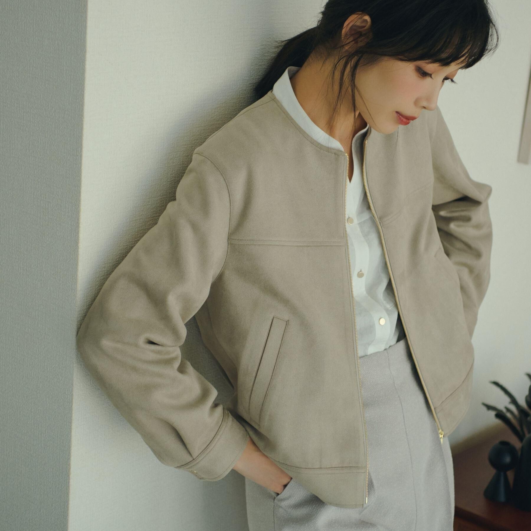 grove「スエードライク ノーカラーブルゾン」|ノーカラージャケット|