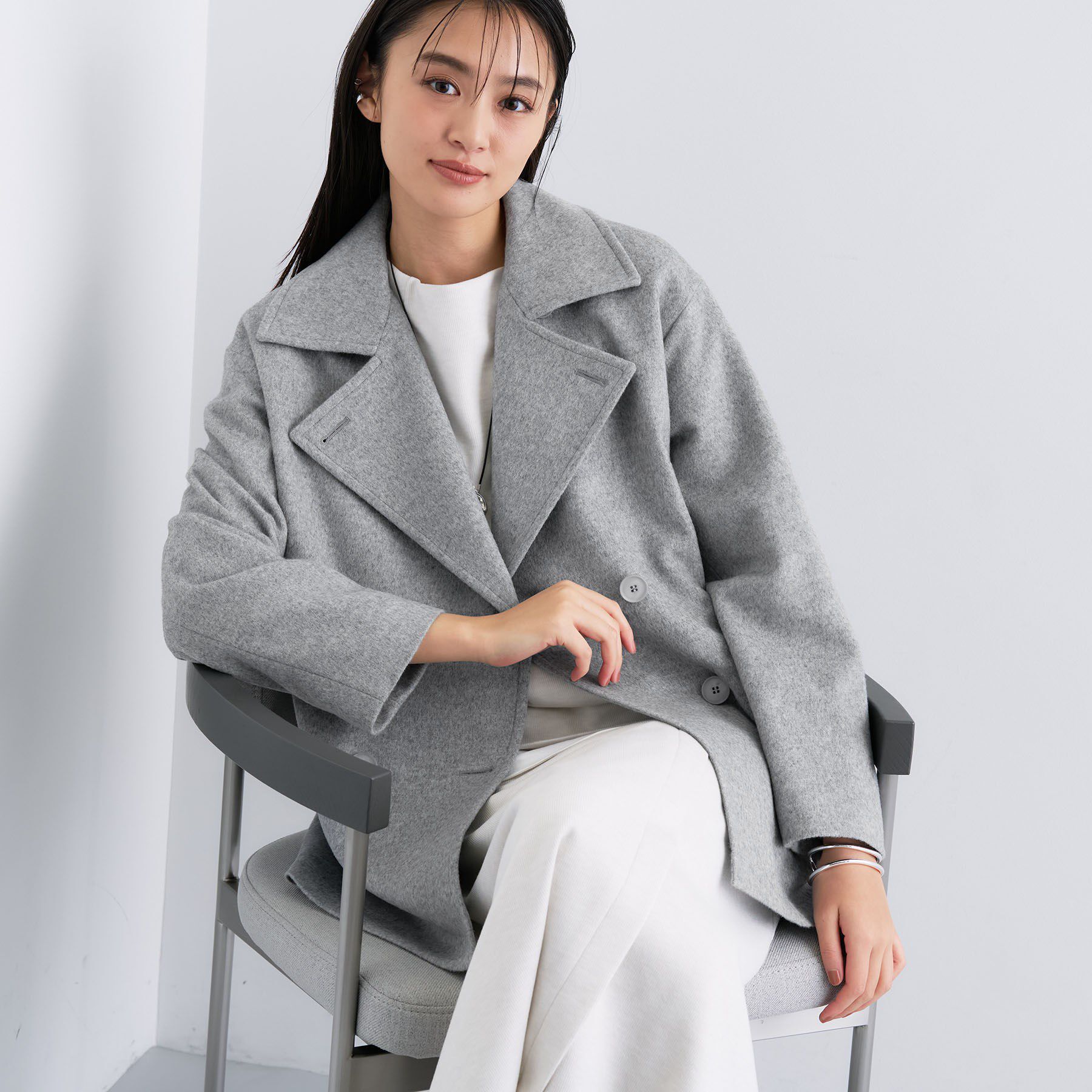 INDIVI「【軽やか／ゆったり】ウール混ショートトレンチコート」|トレンチコート|ライトグレー(911