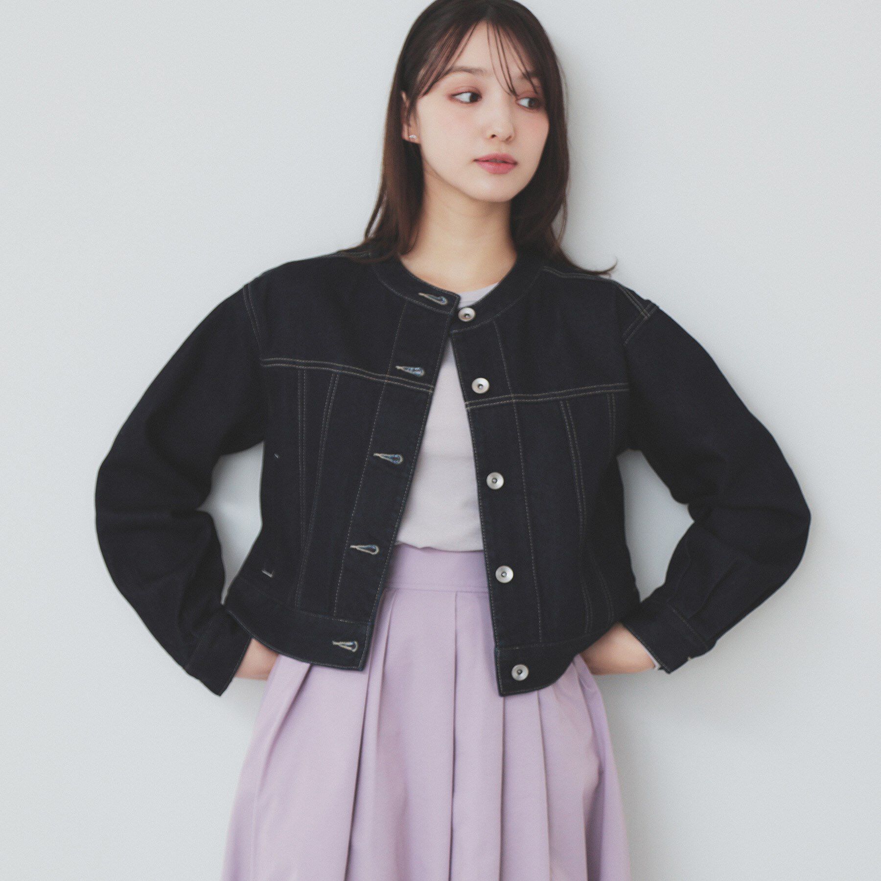 index「ノーカラーGジャン【洗濯機洗い可】」|デニムジャケット|ネイビー(094)