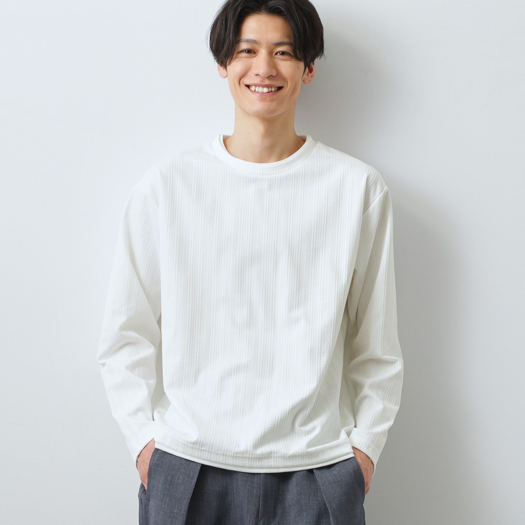 THE SHOP TK「【程よく品のある着こなし】ジャカード フェイクレイヤード長袖Tシャツ 洗濯機OK」|Tシャツ・カットソー|