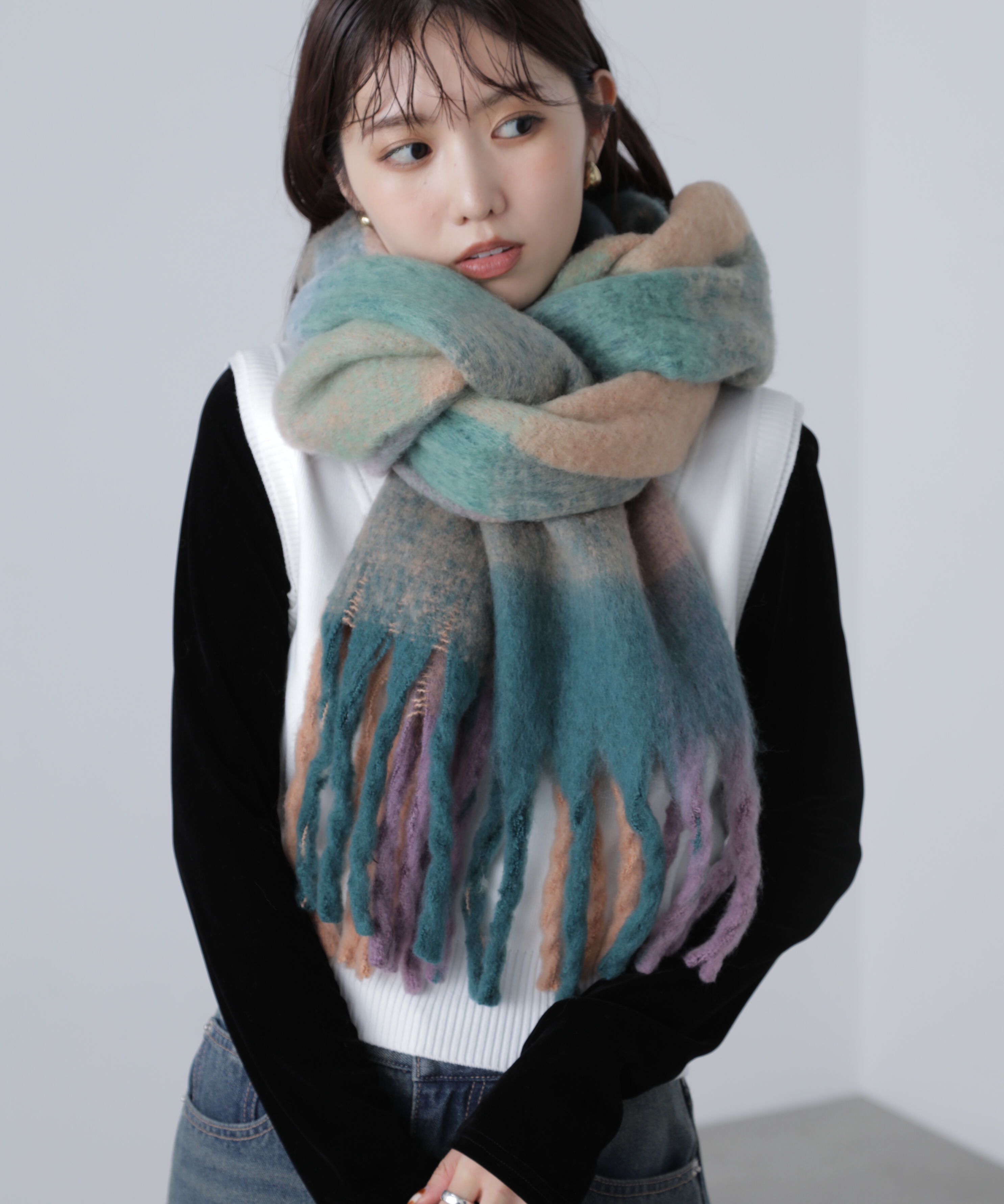  「大判チェックストール」|ソックス|ブルーチェッ 1