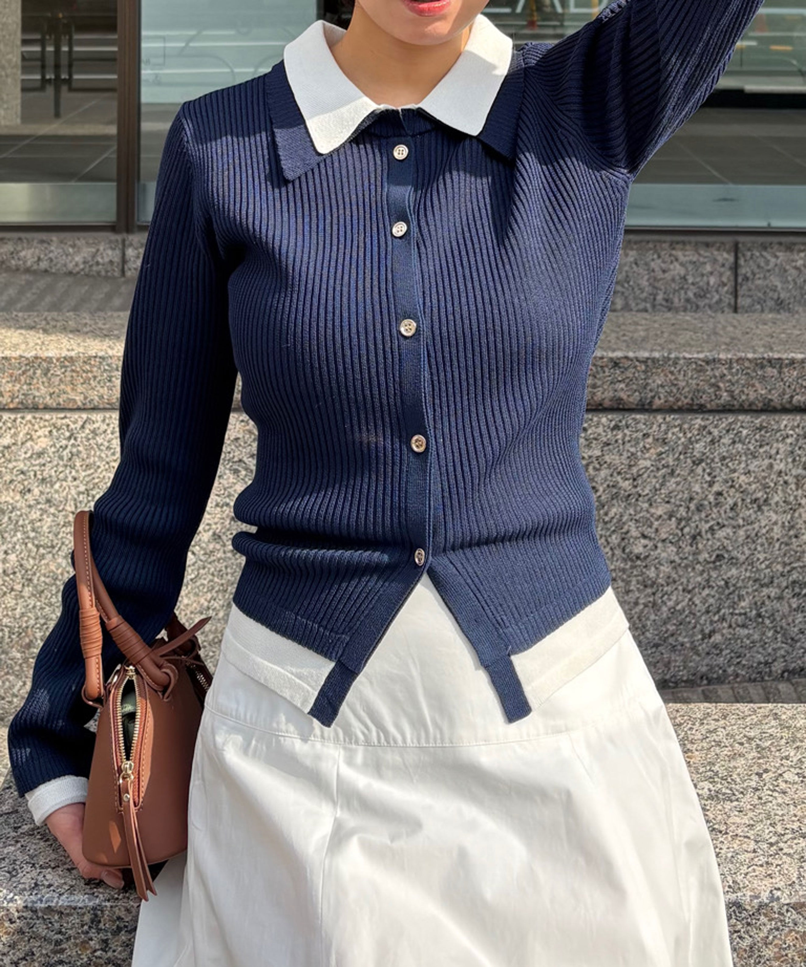  「レイヤー襟ポロリブニット〈MFM〉」|ニット・セーター|ネイビー