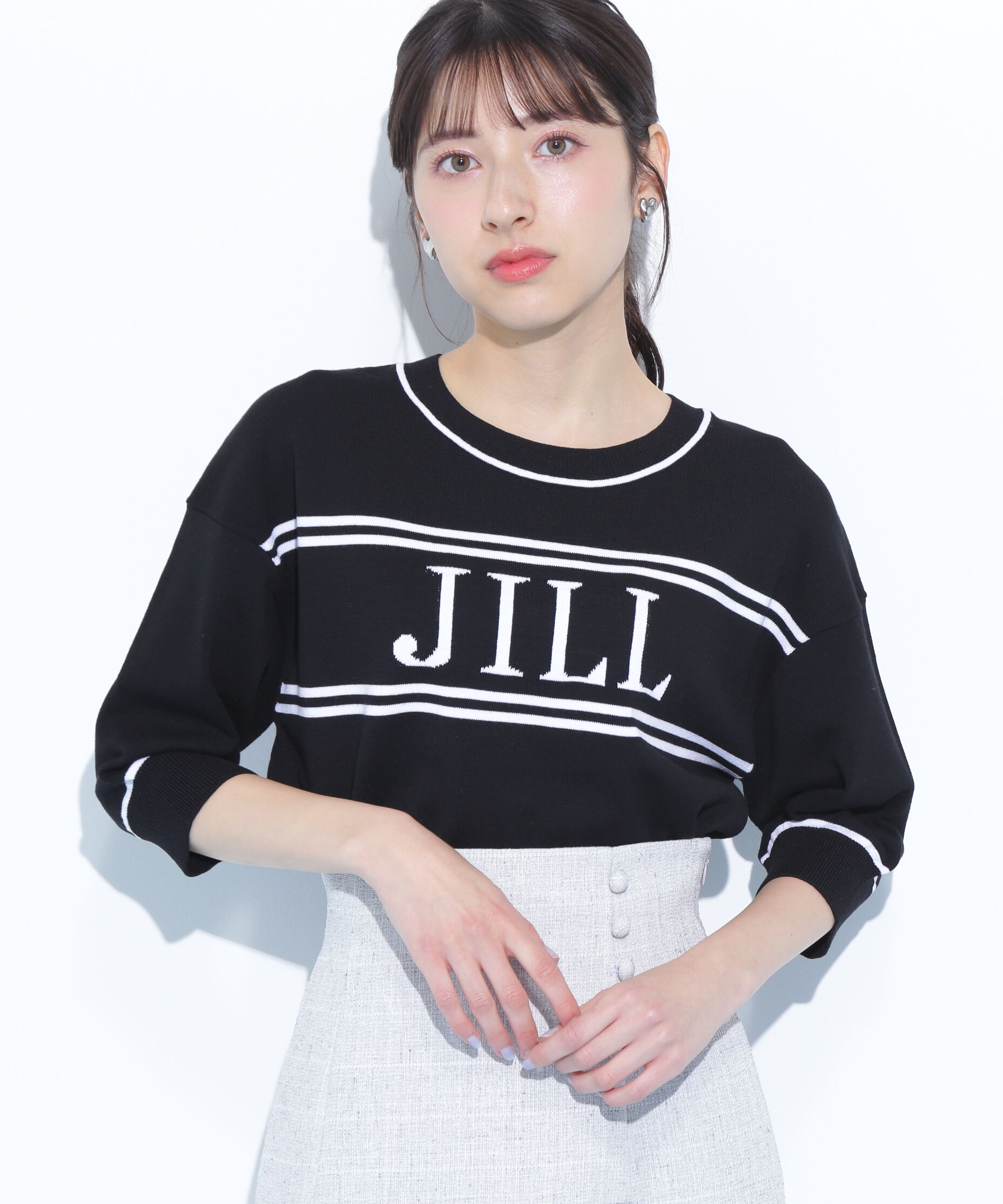  「バイカラービッグロゴニット五分袖」|ニット・セーター|ブラック