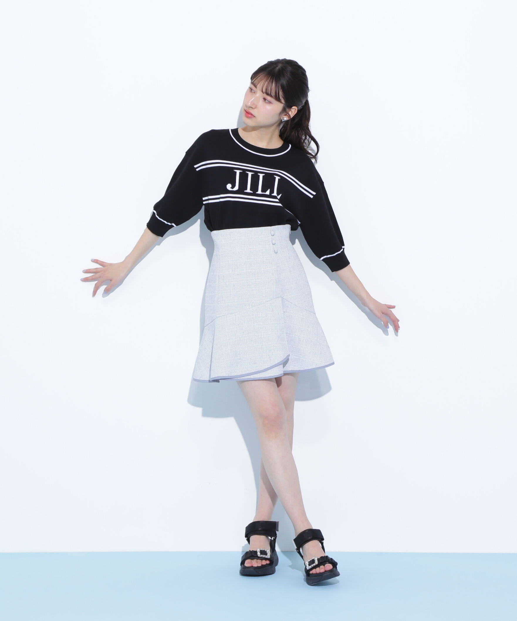  「バイカラービッグロゴニット五分袖」|ニット・セーター|