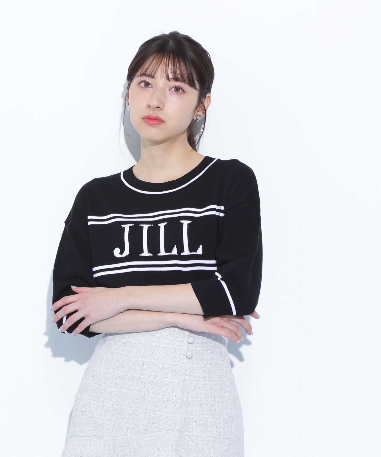  「バイカラービッグロゴニット五分袖」|ニット・セーター|