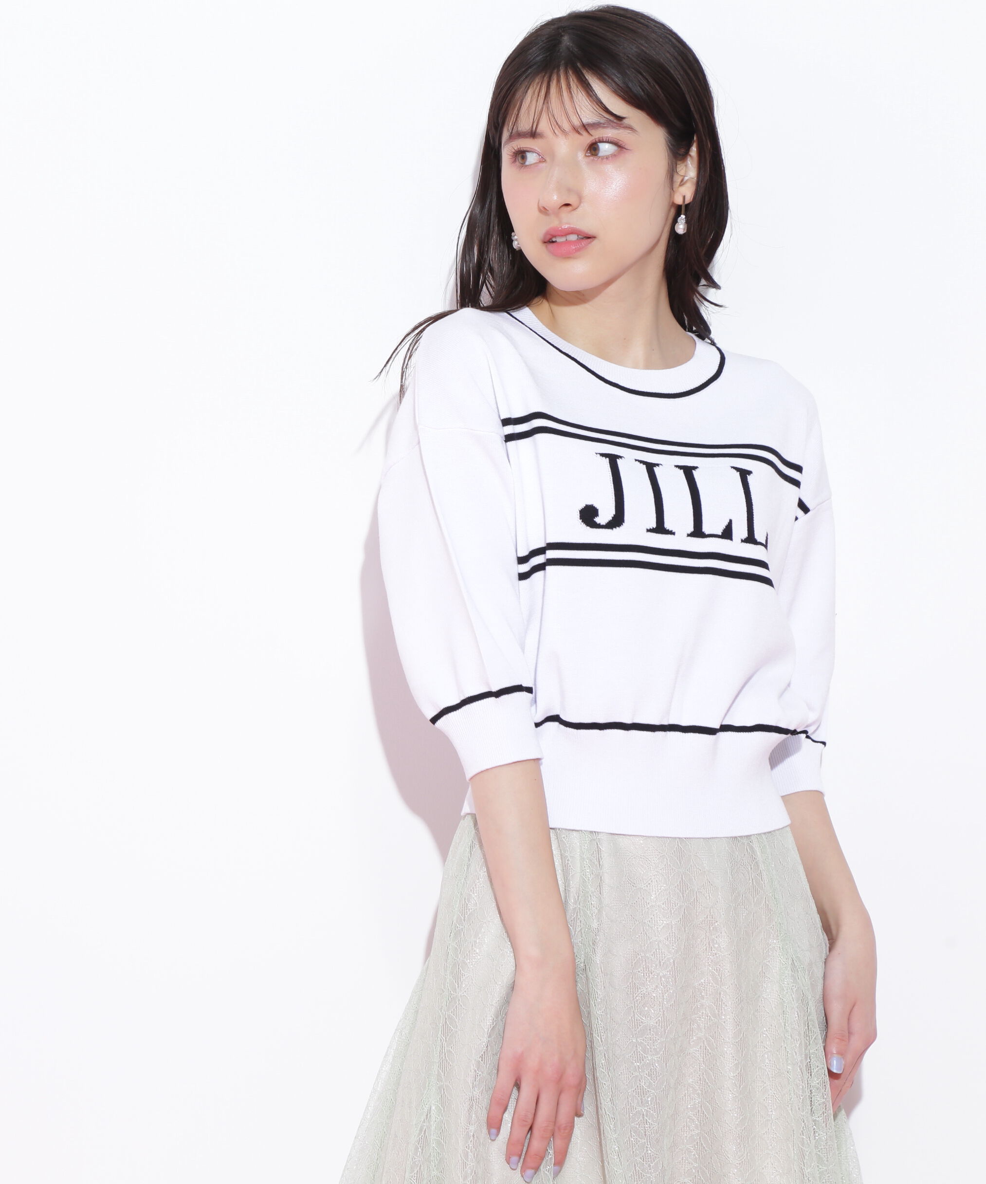  「バイカラービッグロゴニット五分袖」|ニット・セーター|