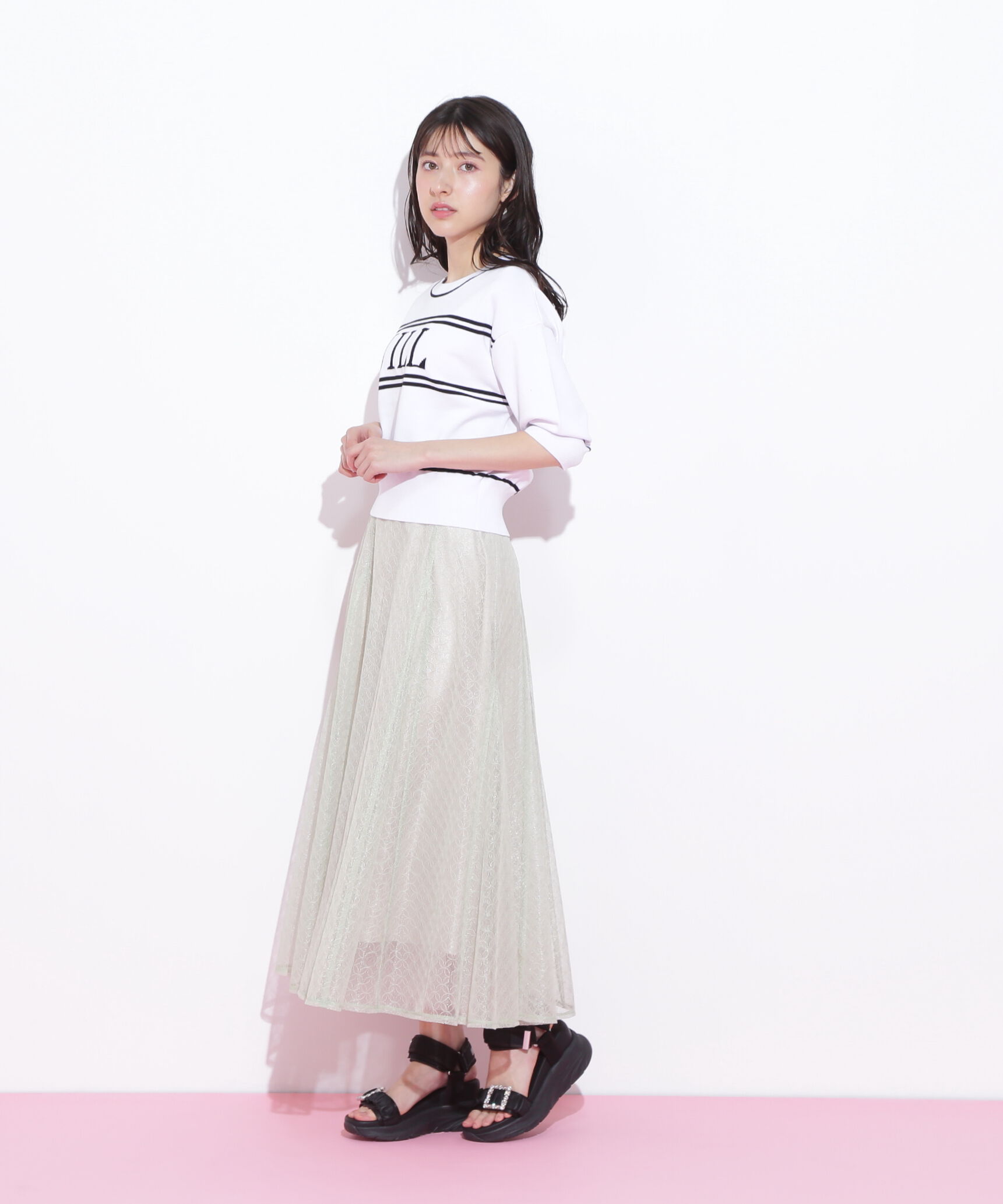  「バイカラービッグロゴニット五分袖」|ニット・セーター|