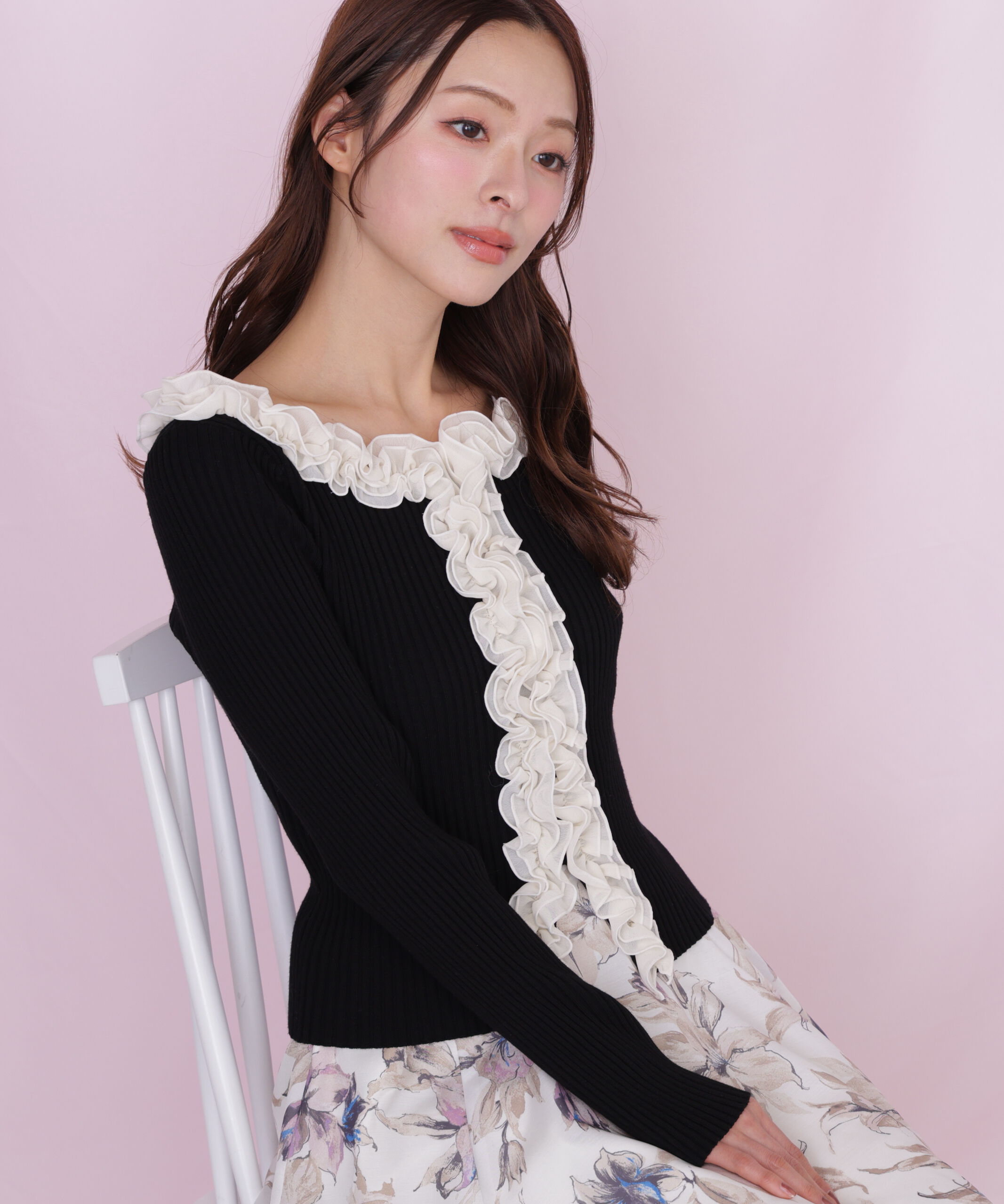  「フリルトリムニット」|ニット・セーター|ブラック1