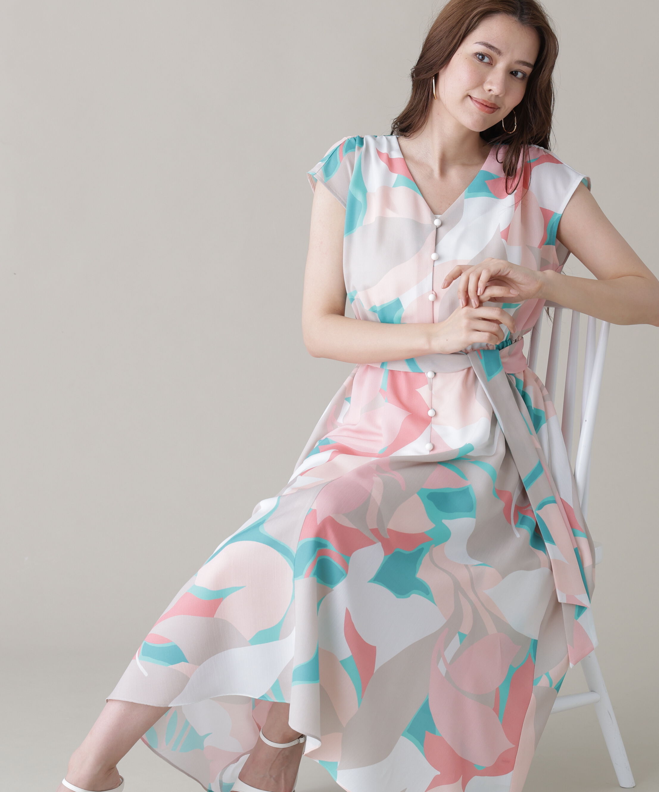  「シェードリーフプリントギャザーワンピース」|ワンピース|ピンク系1