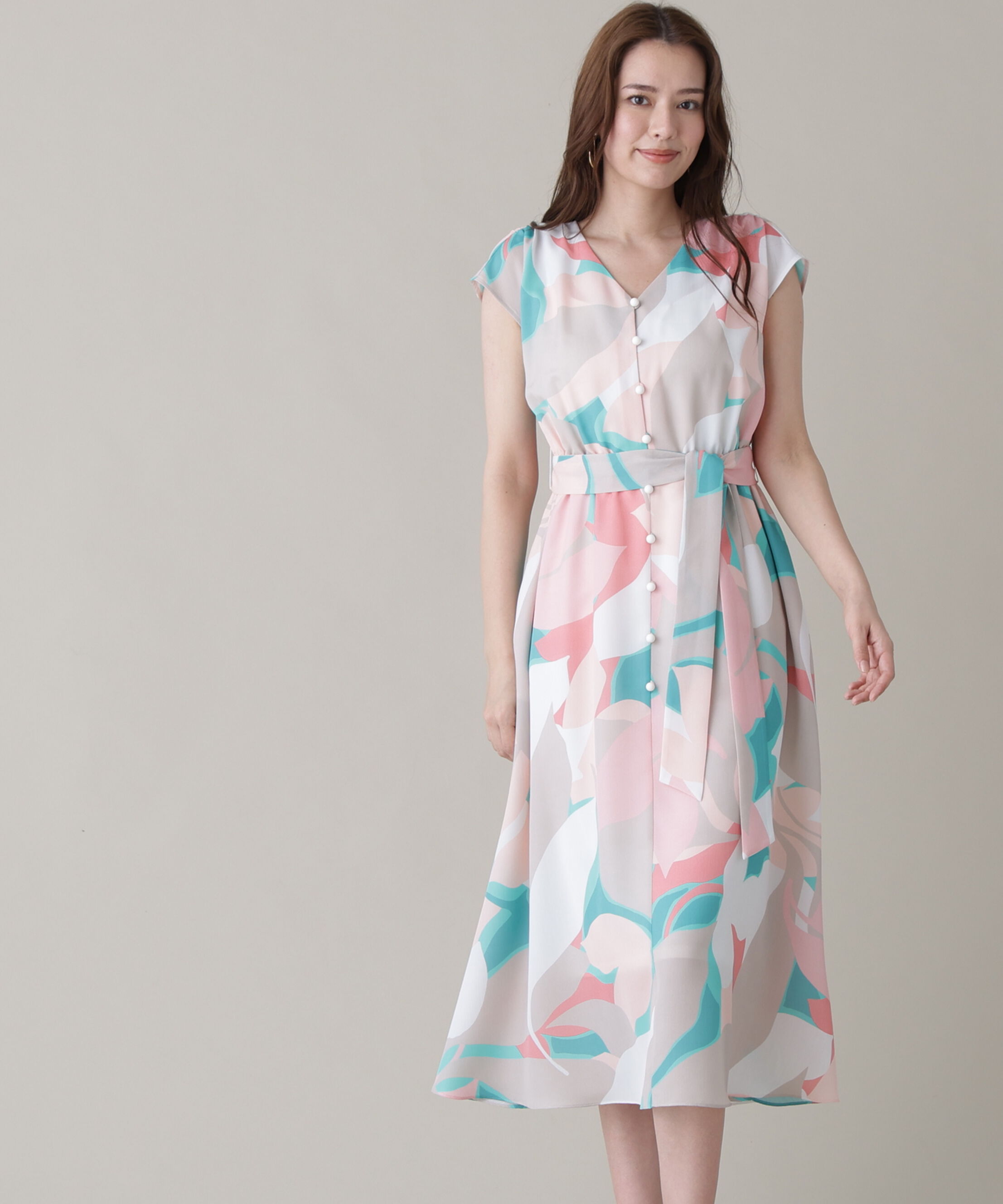  「シェードリーフプリントギャザーワンピース」|ワンピース|