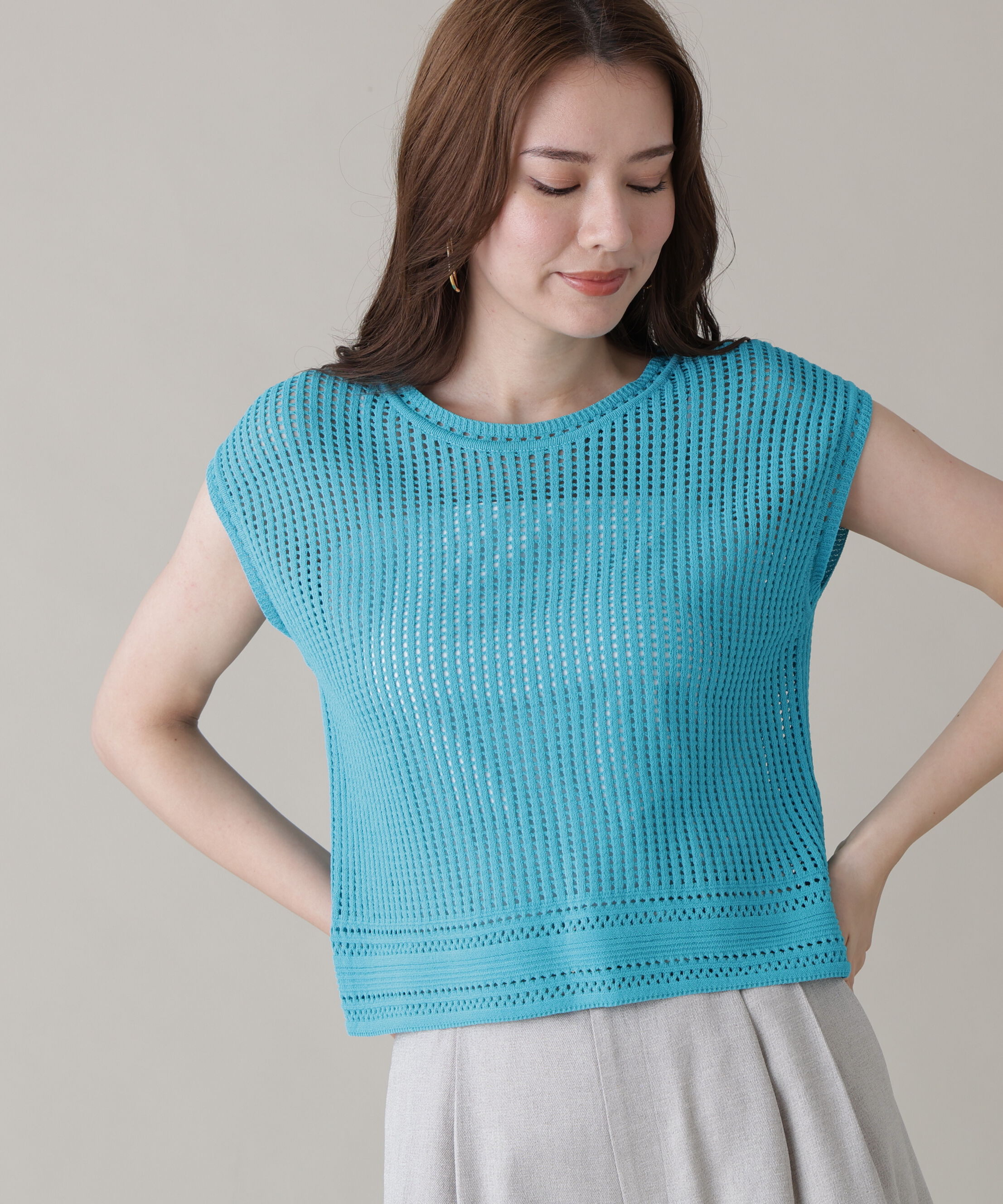  「メッシュニットプルオーバー」|ニット・セーター|ターコイズ1