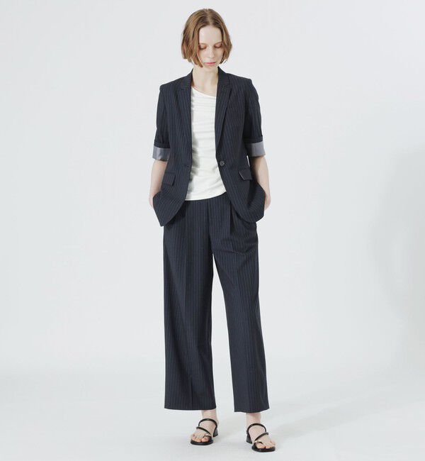  「ウォッシャブルストライプハーフスリーブジャケット」|テーラードジャケット|