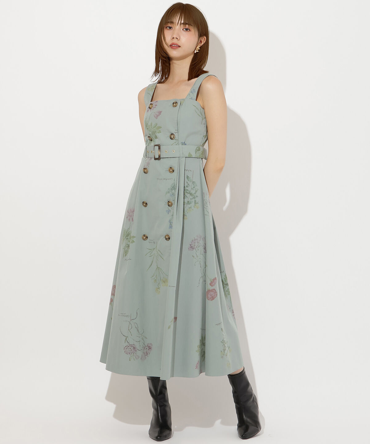 アンドクチュール「オータムフラワートレンチジャンスカ」|ジャンパースカート|グリーン