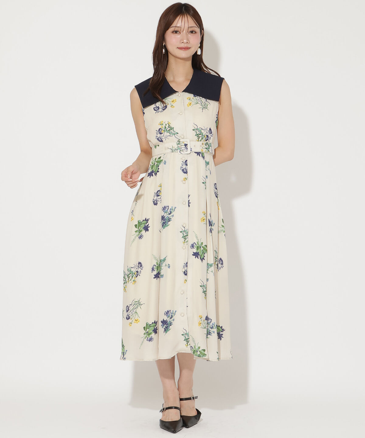 アンドクチュール「ドローイングフラワー配色襟ワンピース」|ワンピース|