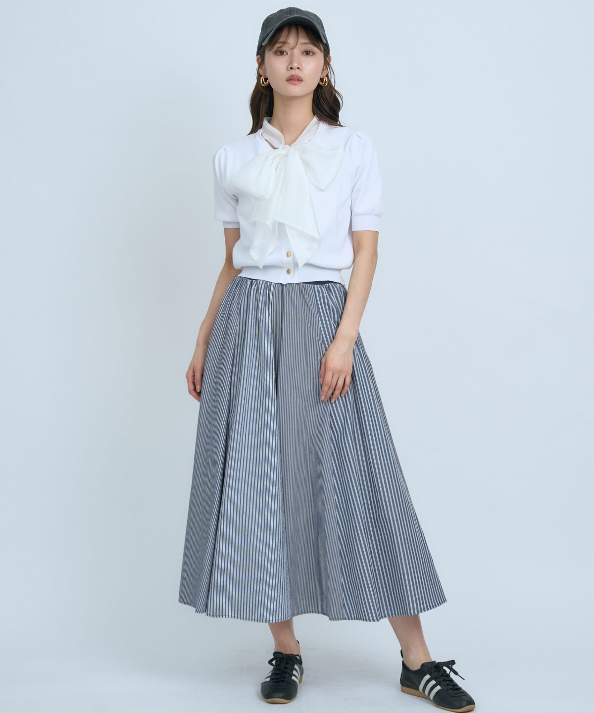 アンドクチュール「サッカーストライプ柄組み合わせロングスカート」|フレア|